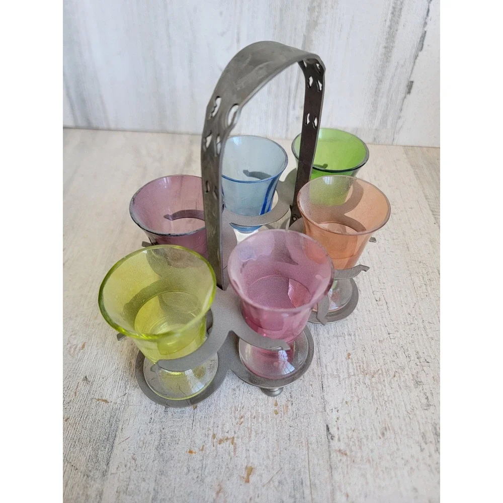 Vintage rainbow Farber ware art deco shot tray metal multi color set home